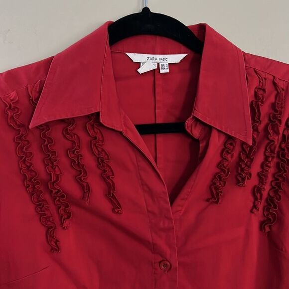 Zara Basic Women's Red 3/4 Sleeves Button Up Ruffle Front Shirt Size Small - Picture 6 of 7